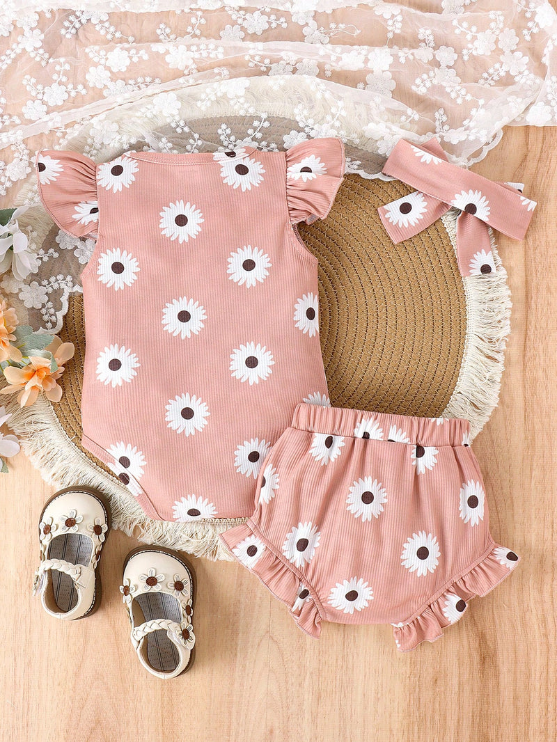 Conjunto de 2 peças de Crianças Meninas Bodysuit e Shorts Estampado Adorável, Verão