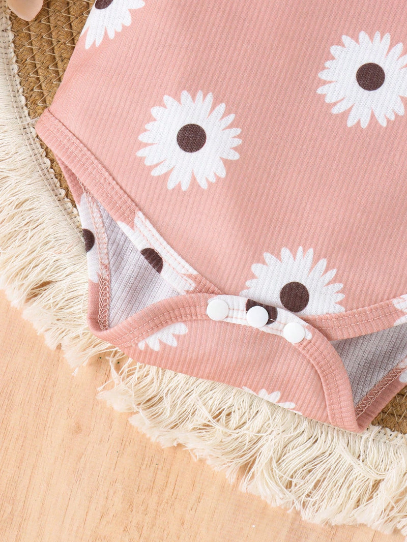 Conjunto de 2 peças de Crianças Meninas Bodysuit e Shorts Estampado Adorável, Verão