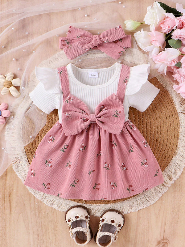Conjunto de Top Branco com Vestido Floral Rosa e Faixa para Bebê Menina
