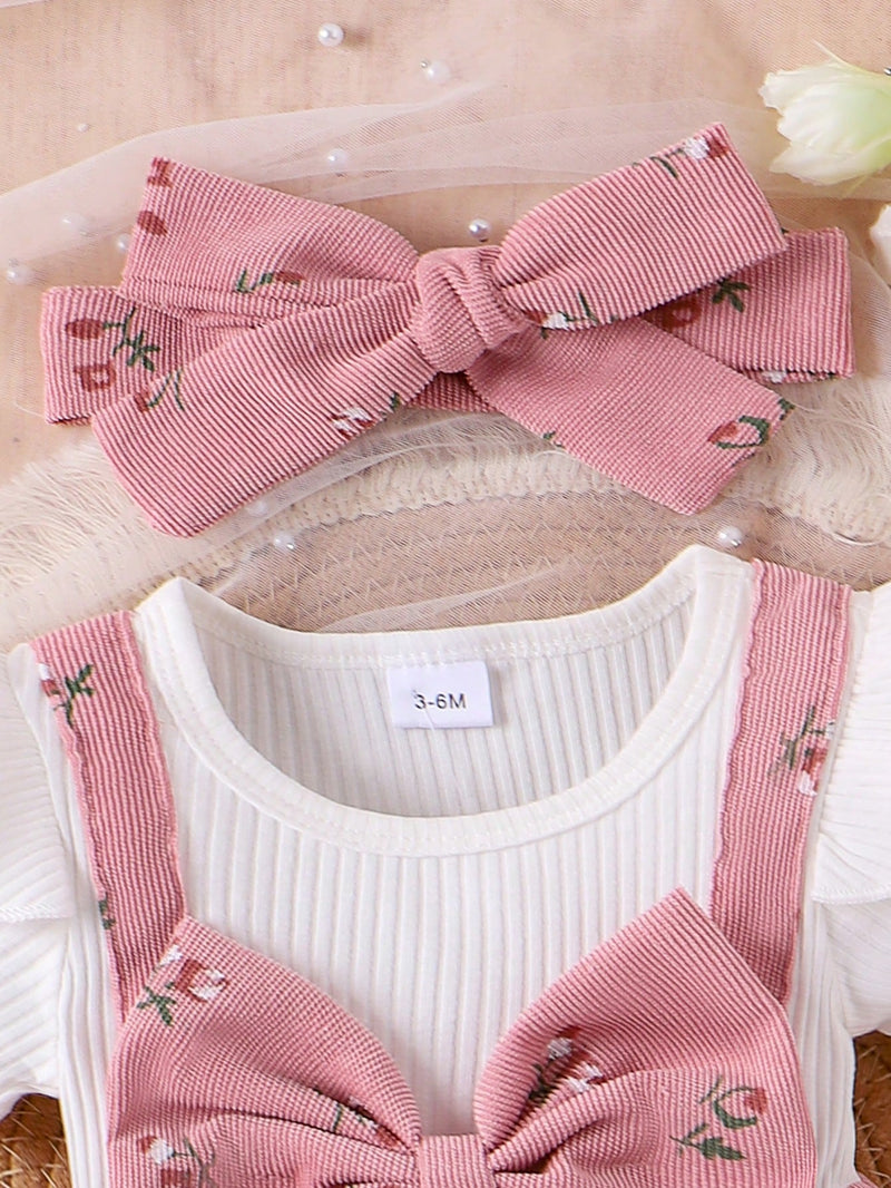 Conjunto de Top Branco com Vestido Floral Rosa e Faixa para Bebê Menina