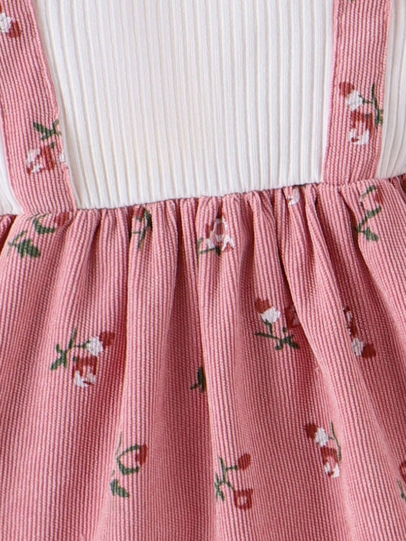 Conjunto de Top Branco com Vestido Floral Rosa e Faixa para Bebê Menina