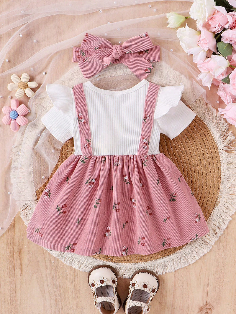 Conjunto de Top Branco com Vestido Floral Rosa e Faixa para Bebê Menina