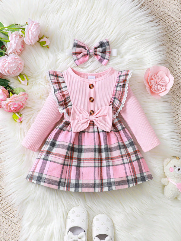Conjunto de 2 peças de Vestido Xadrez da Moda & Faixa de Cabeça, para Bebê Menina, Natal
