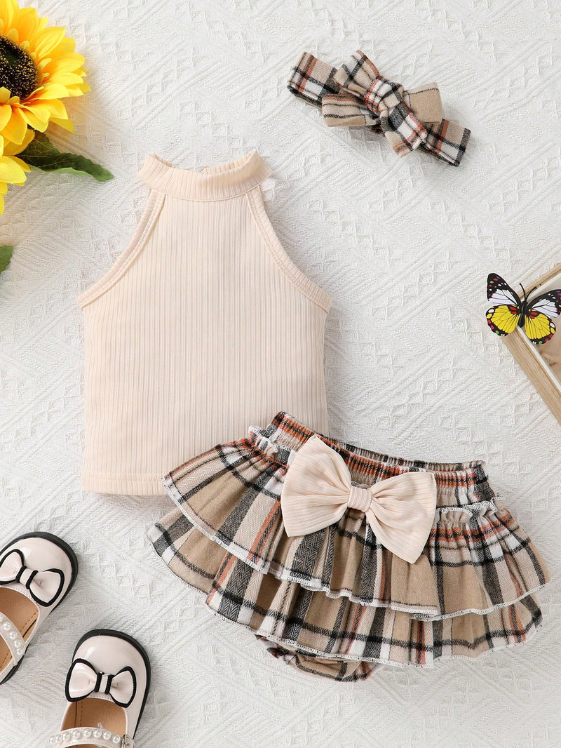 2 peças Conjunto de Top Halter Macio, Confortável e Respirável e Shorts Estampados Xadrez com Babado Vazado e Laço, Adequado para Casual, Férias, Festa e Atividades ao Ar Livre, para o Natal