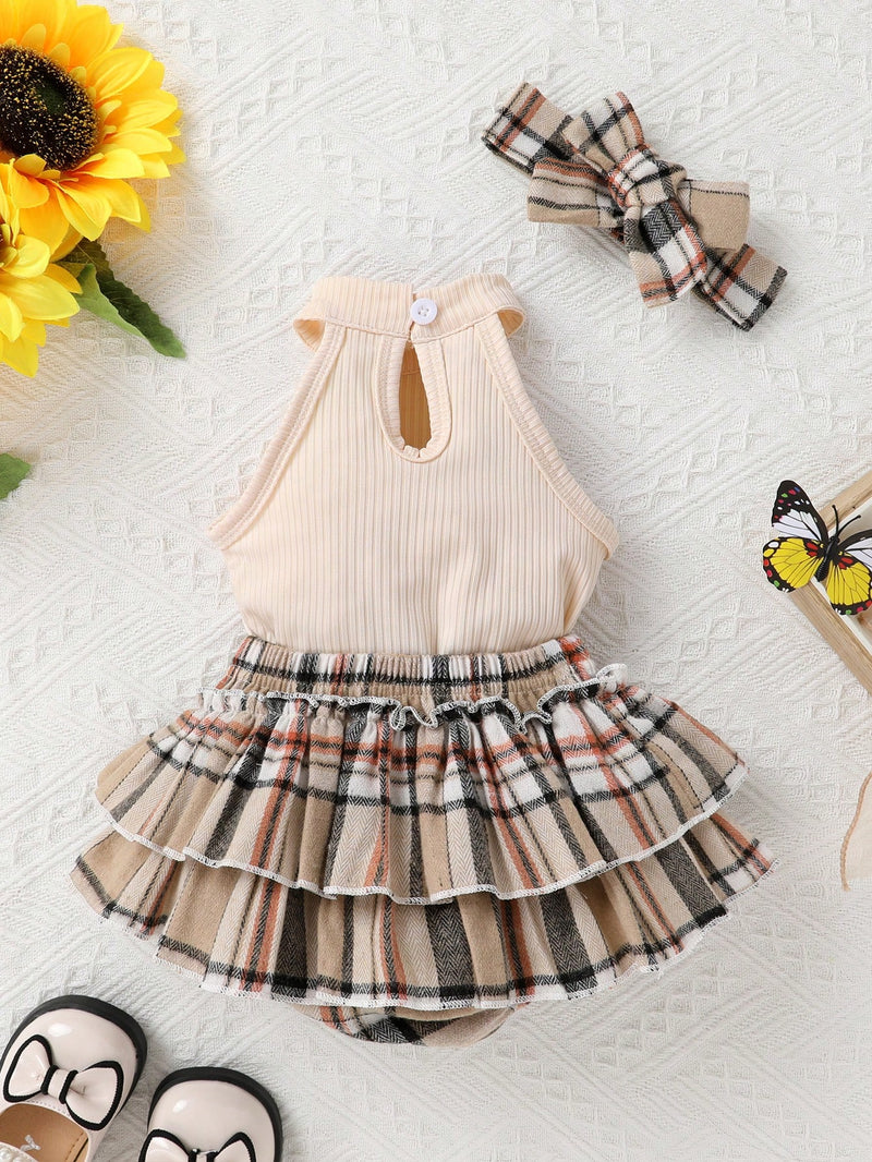 2 peças Conjunto de Top Halter Macio, Confortável e Respirável e Shorts Estampados Xadrez com Babado Vazado e Laço, Adequado para Casual, Férias, Festa e Atividades ao Ar Livre, para o Natal
