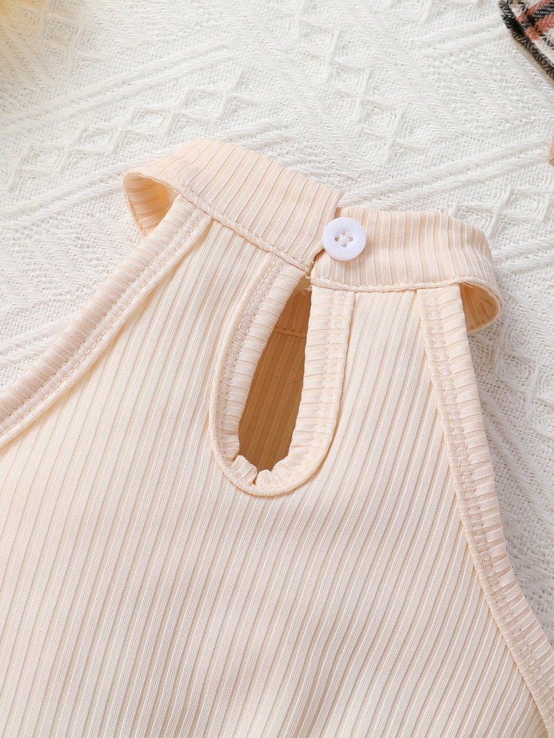 2 peças Conjunto de Top Halter Macio, Confortável e Respirável e Shorts Estampados Xadrez com Babado Vazado e Laço, Adequado para Casual, Férias, Festa e Atividades ao Ar Livre, para o Natal