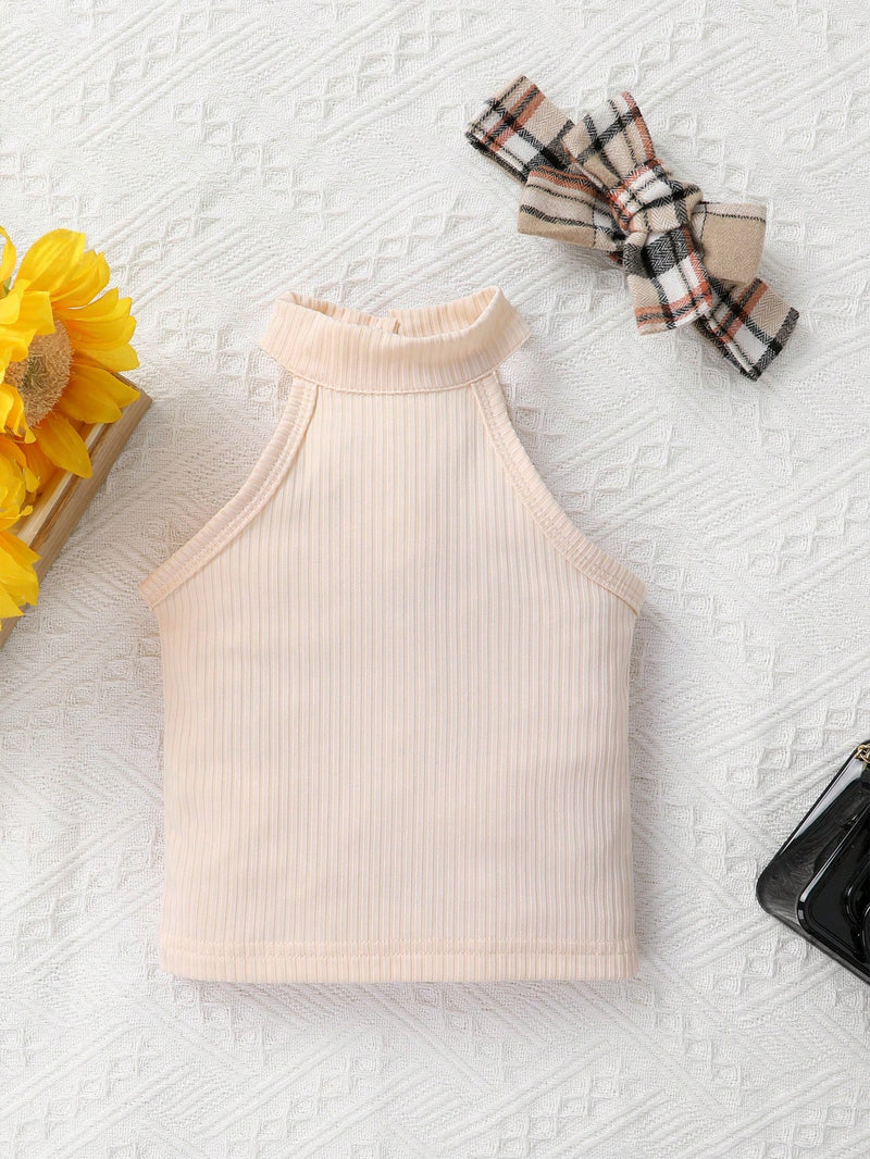 2 peças Conjunto de Top Halter Macio, Confortável e Respirável e Shorts Estampados Xadrez com Babado Vazado e Laço, Adequado para Casual, Férias, Festa e Atividades ao Ar Livre, para o Natal