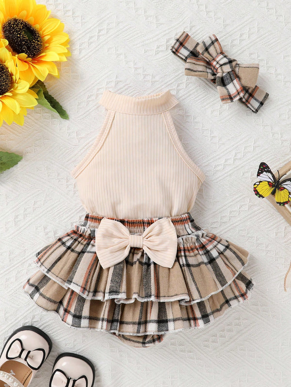 2 peças Conjunto de Top Halter Macio, Confortável e Respirável e Shorts Estampados Xadrez com Babado Vazado e Laço, Adequado para Casual, Férias, Festa e Atividades ao Ar Livre, para o Natal