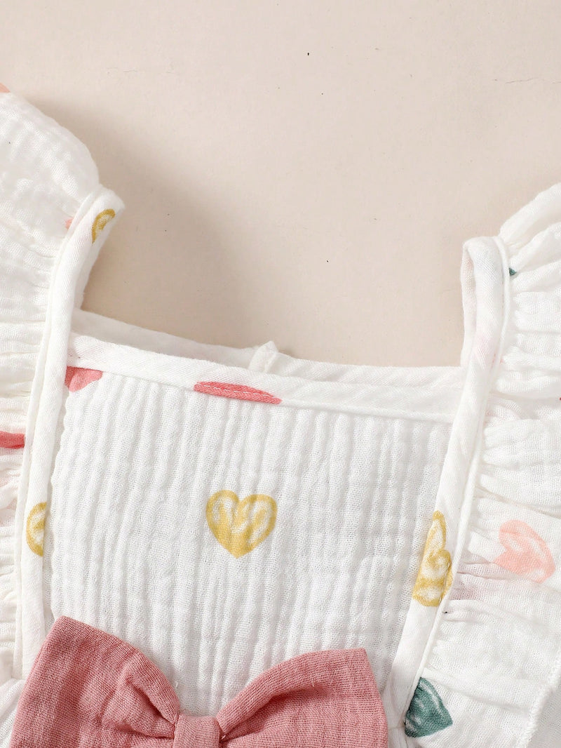 2 peças/Conjunto Vestido Infantil Feminino de Verão com Laço Pregueado Coração e Chapéu Fofo, Conjunto de Vestido Casual de Verão Confortável e Versátil