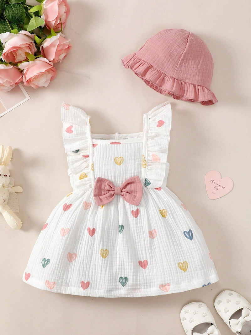 2 peças/Conjunto Vestido Infantil Feminino de Verão com Laço Pregueado Coração e Chapéu Fofo, Conjunto de Vestido Casual de Verão Confortável e Versátil