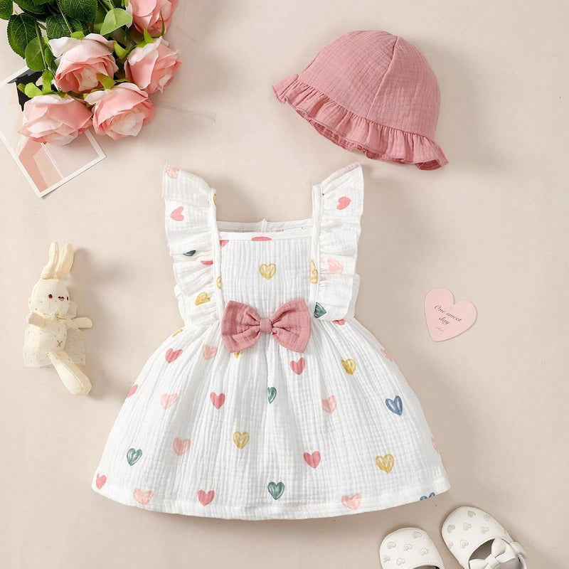 2 peças/Conjunto Vestido Infantil Feminino de Verão com Laço Pregueado Coração e Chapéu Fofo, Conjunto de Vestido Casual de Verão Confortável e Versátil
