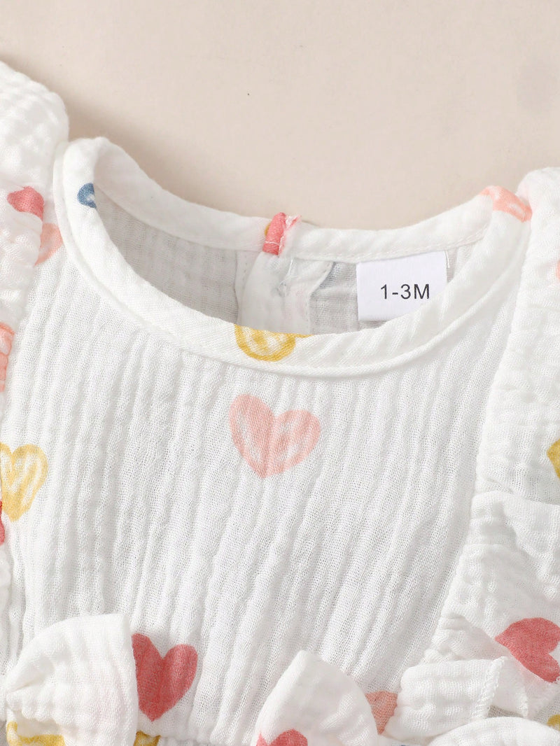 Conjunto de 2 peças para bebê menina, composto por Macaquinho Regata Reverso com Babados e Laço em Formato de Coração + Chapéu, Confortável e Versátil, Primavera/Verão