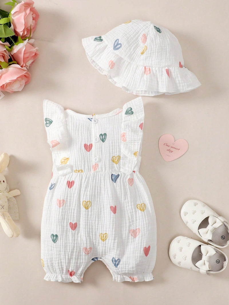 Conjunto de 2 peças para bebê menina, composto por Macaquinho Regata Reverso com Babados e Laço em Formato de Coração + Chapéu, Confortável e Versátil, Primavera/Verão