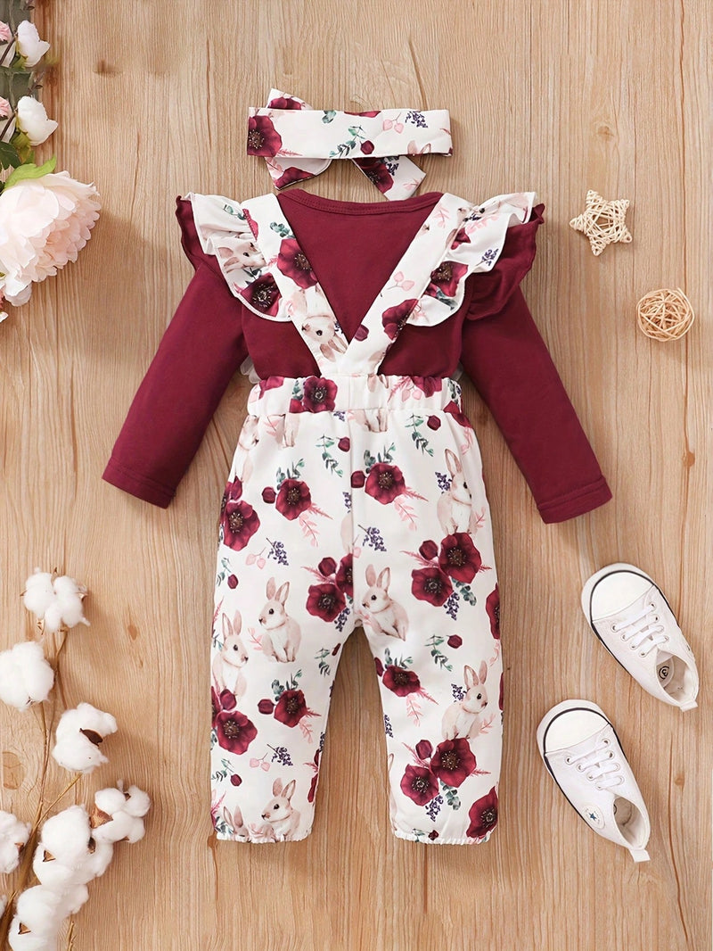 BrownBark Conjunto de roupa de bebê com 3 peças - Top de Manga Longa Amarela com Macacão de Flores e Faixa de Cabeça