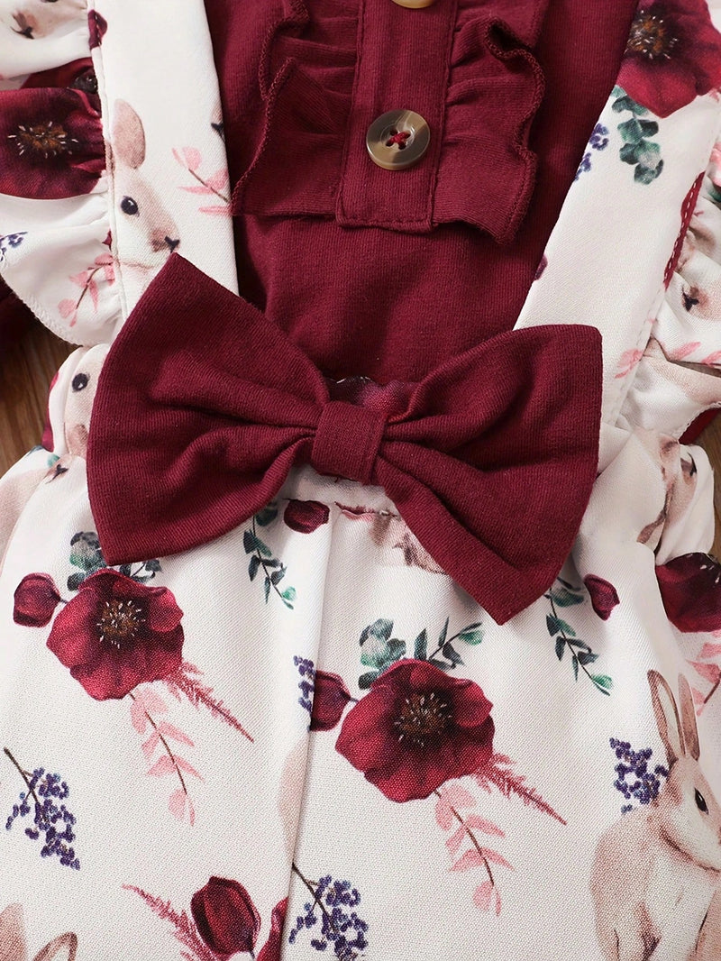 BrownBark Conjunto de roupa de bebê com 3 peças - Top de Manga Longa Amarela com Macacão de Flores e Faixa de Cabeça