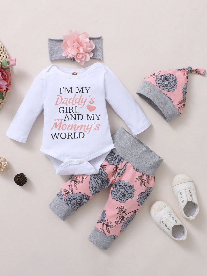 BrownBark Conjunto de 4 peças de Top e Calça e Chapéu e Faixa de Cabeça de Manga Longa com Estampa de Alfabeto para Bebê Menina na Primavera e Outono.