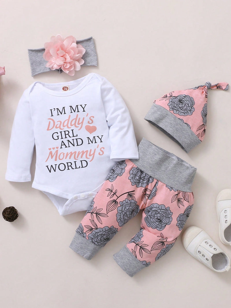 BrownBark Conjunto de 4 peças de Top e Calça e Chapéu e Faixa de Cabeça de Manga Longa com Estampa de Alfabeto para Bebê Menina na Primavera e Outono.