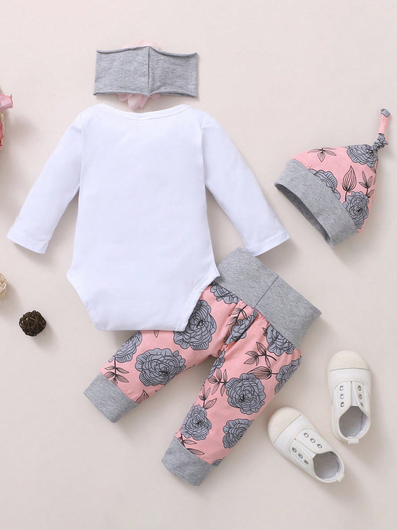 BrownBark Conjunto de 4 peças de Top e Calça e Chapéu e Faixa de Cabeça de Manga Longa com Estampa de Alfabeto para Bebê Menina na Primavera e Outono.