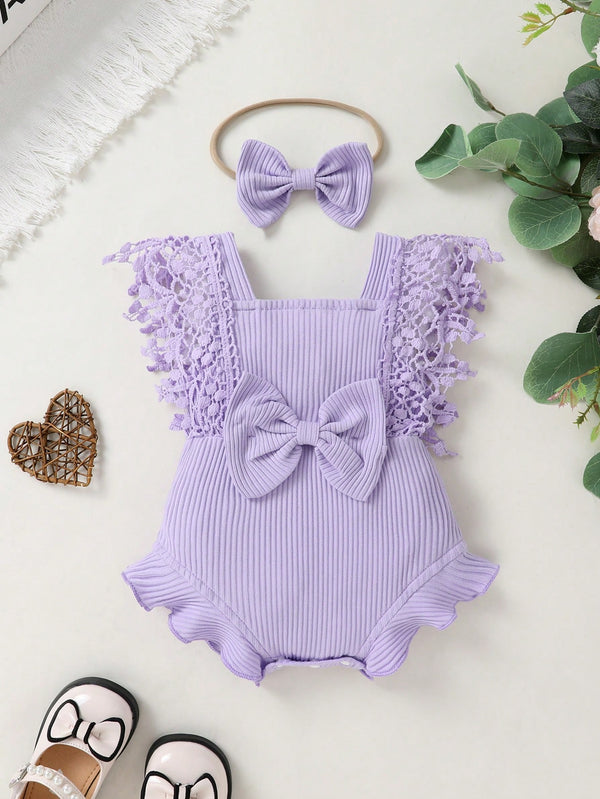 Bodysuit respirável de cor sólida e fofo e doce para bebê menina com renda solúvel em água e tiara, adequado para festas casuais, férias
