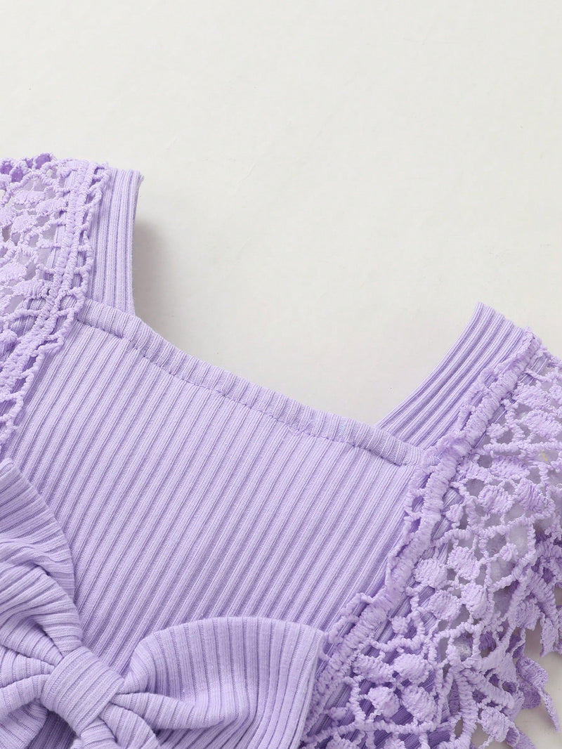 Bodysuit respirável de cor sólida e fofo e doce para bebê menina com renda solúvel em água e tiara, adequado para festas casuais, férias