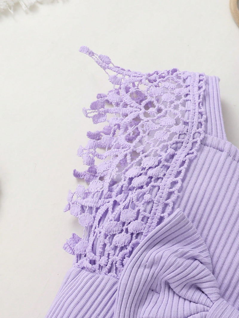 Bodysuit respirável de cor sólida e fofo e doce para bebê menina com renda solúvel em água e tiara, adequado para festas casuais, férias