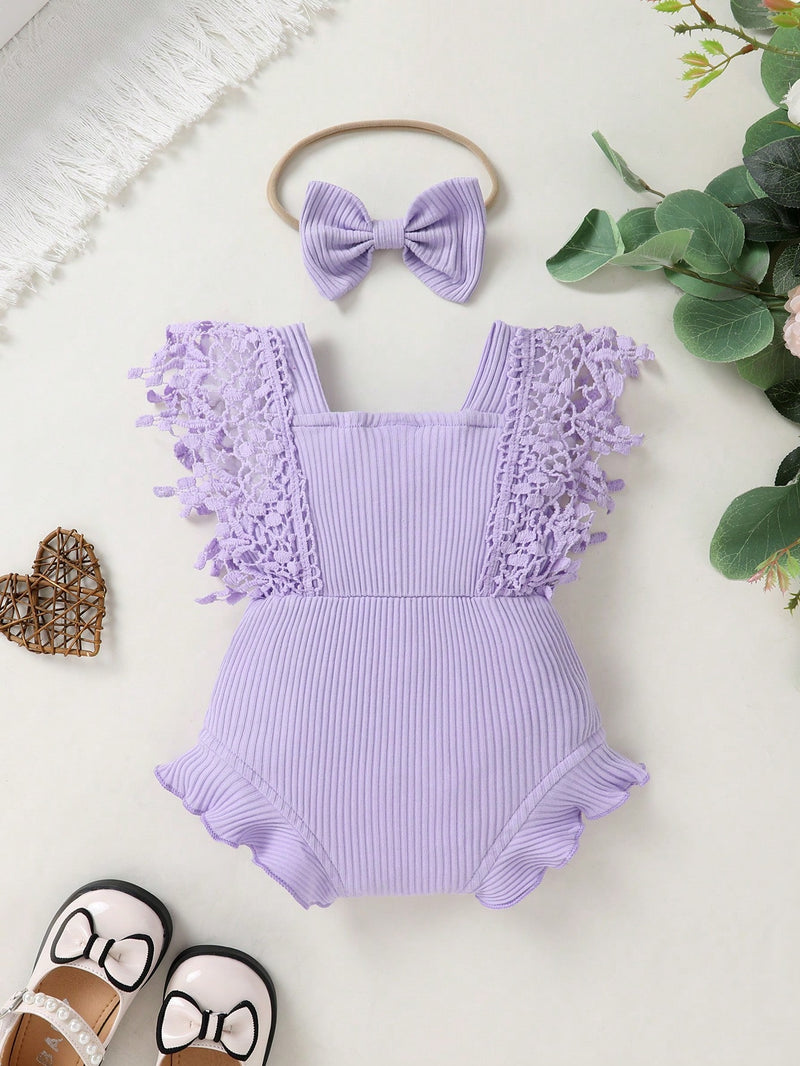 Bodysuit respirável de cor sólida e fofo e doce para bebê menina com renda solúvel em água e tiara, adequado para festas casuais, férias