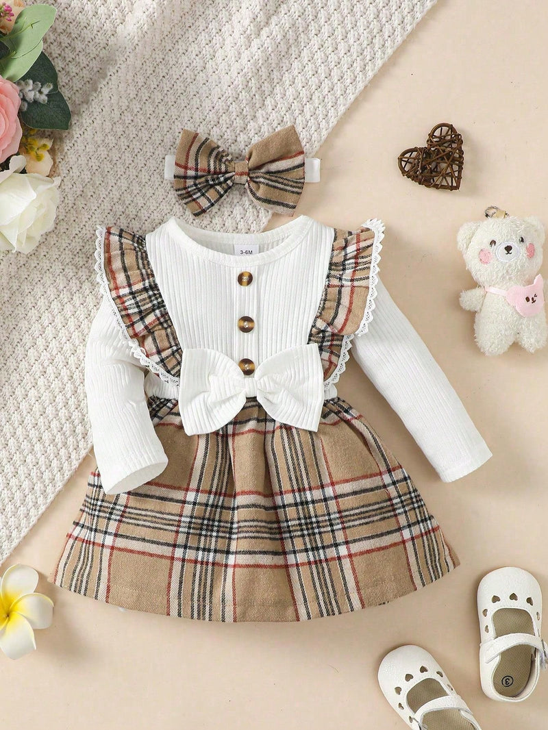 Conjunto de 2 peças de Vestido Xadrez da Moda & Faixa de Cabeça, para Bebê Menina, Natal