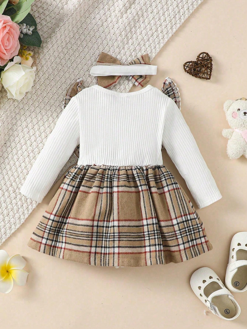 Conjunto de 2 peças de Vestido Xadrez da Moda & Faixa de Cabeça, para Bebê Menina, Natal