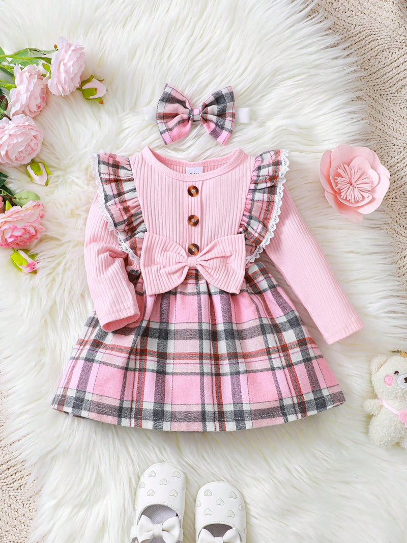 Conjunto de 2 peças de Vestido Xadrez da Moda & Faixa de Cabeça, para Bebê Menina, Natal