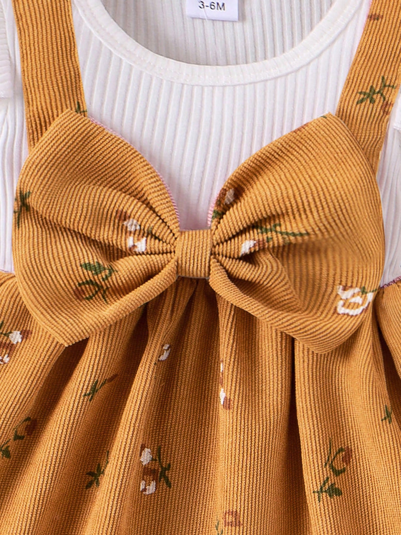 Conjunto de Top Branco com Vestido Floral Rosa e Faixa para Bebê Menina