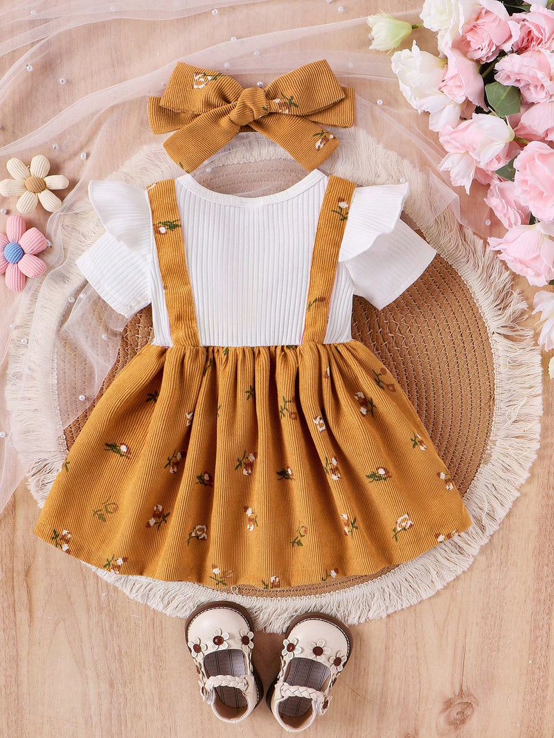 Conjunto de Top Branco com Vestido Floral Rosa e Faixa para Bebê Menina