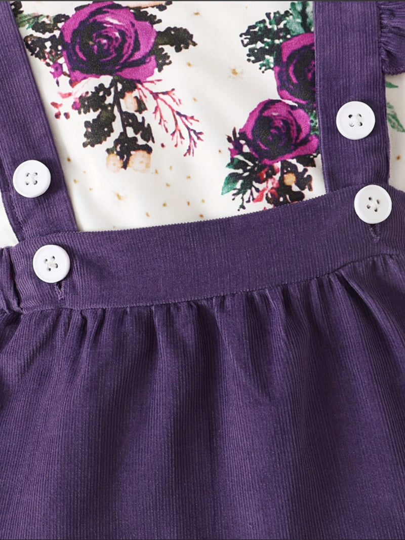 BrownBark Conjunto de Bodysuit com babados florais para bebê menina e saia estilo pinafore com faixa de cabelo combinando