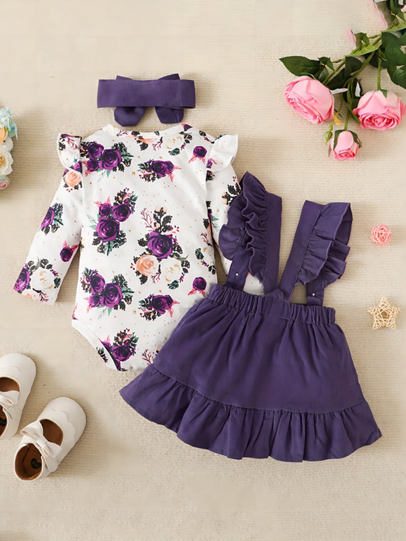 BrownBark Conjunto de Bodysuit com babados florais para bebê menina e saia estilo pinafore com faixa de cabelo combinando