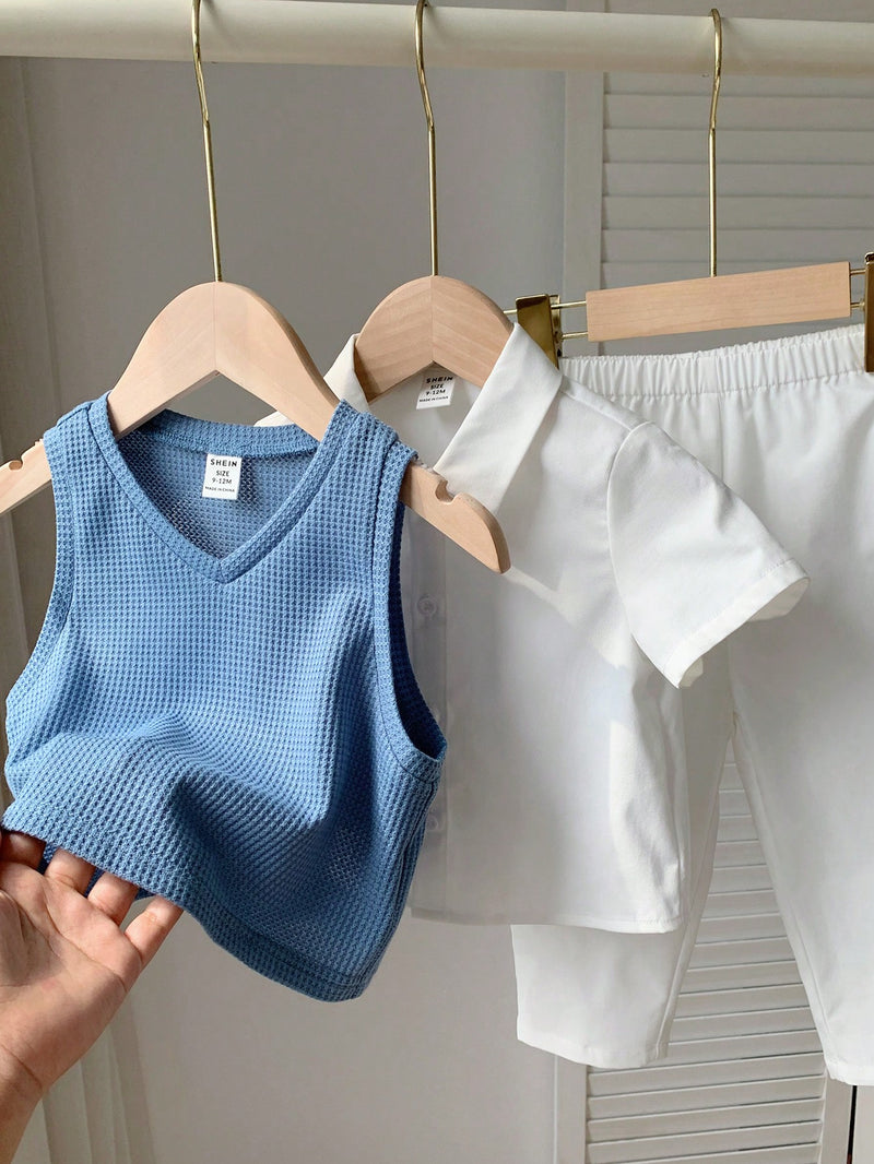 3 peças/Conjunto Menino Bebê Azul e Branco Top Polo de Manga Curta para Verão/Outono, Colete Sólido e Calça, Estilo Cavalheiro Britânico, Macio e Versátil para Festa de Aniversário, Batizado, 1º Aniversário, Eventos, Casamentos