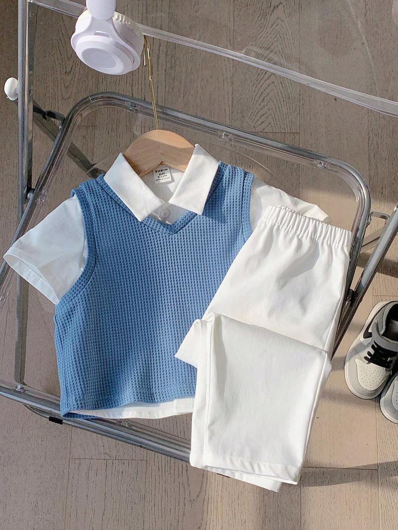 3 peças/Conjunto Menino Bebê Azul e Branco Top Polo de Manga Curta para Verão/Outono, Colete Sólido e Calça, Estilo Cavalheiro Britânico, Macio e Versátil para Festa de Aniversário, Batizado, 1º Aniversário, Eventos, Casamentos