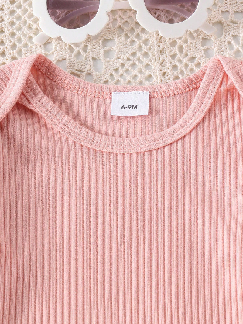 Conjunto de 2 peças Bodysuit Fofo com Babado de Manga Curta e Salopete com Estampa de Flor para Bebê Menina, para o Verão