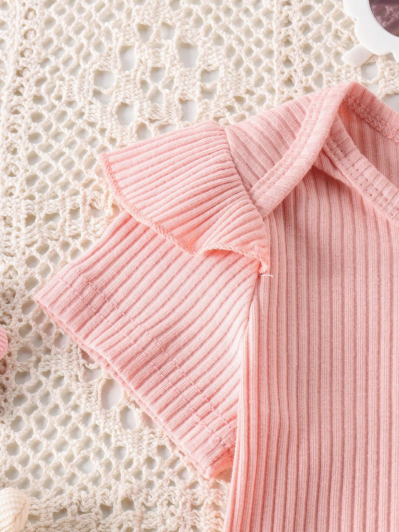 Conjunto de 2 peças Bodysuit Fofo com Babado de Manga Curta e Salopete com Estampa de Flor para Bebê Menina, para o Verão