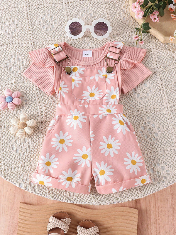 Conjunto de 2 peças Bodysuit Fofo com Babado de Manga Curta e Salopete com Estampa de Flor para Bebê Menina, para o Verão