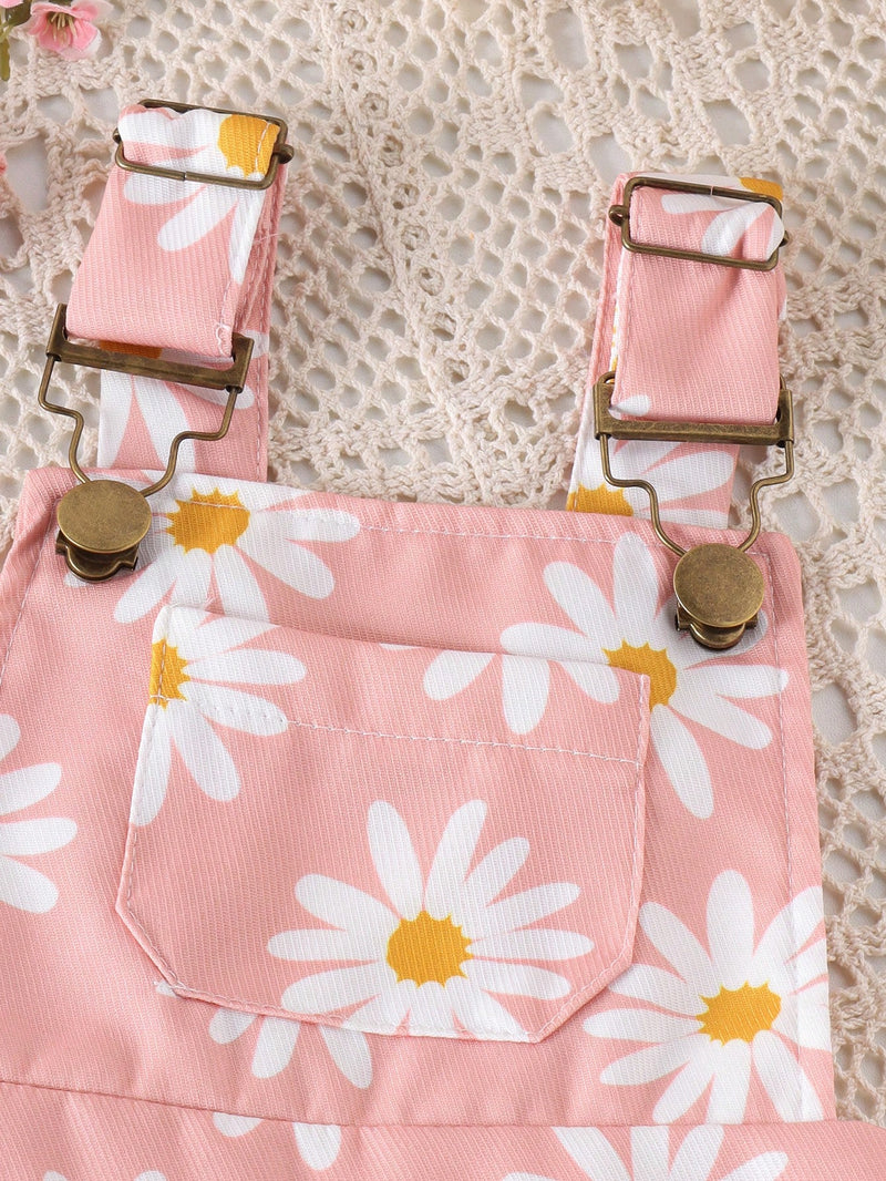 Conjunto de 2 peças Bodysuit Fofo com Babado de Manga Curta e Salopete com Estampa de Flor para Bebê Menina, para o Verão