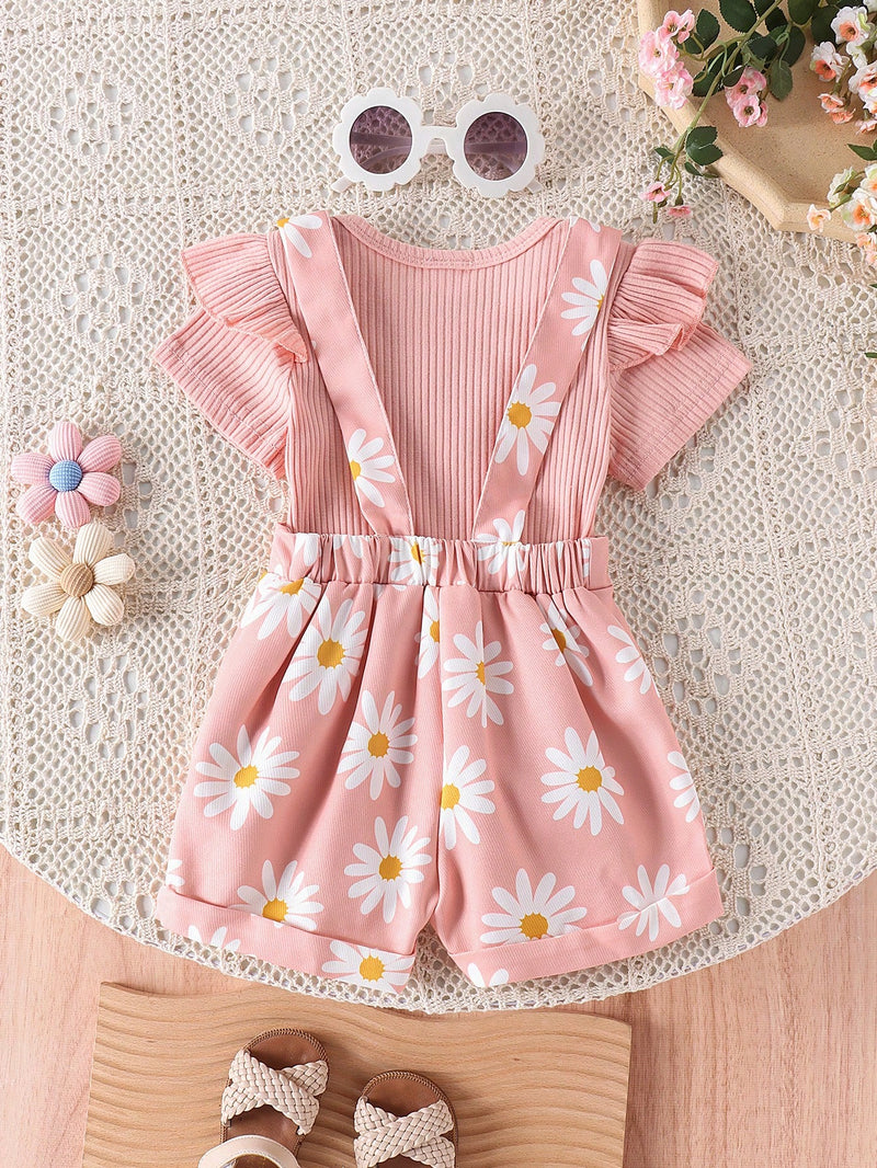 Conjunto de 2 peças Bodysuit Fofo com Babado de Manga Curta e Salopete com Estampa de Flor para Bebê Menina, para o Verão