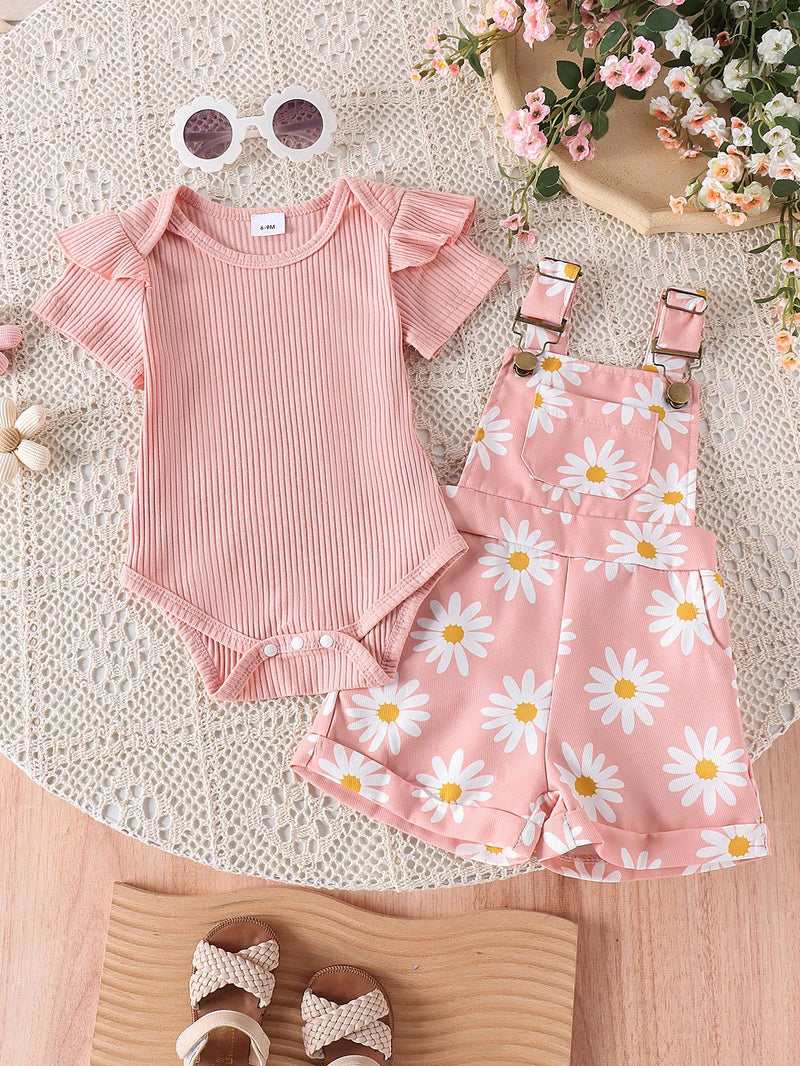 Conjunto de 2 peças Bodysuit Fofo com Babado de Manga Curta e Salopete com Estampa de Flor para Bebê Menina, para o Verão