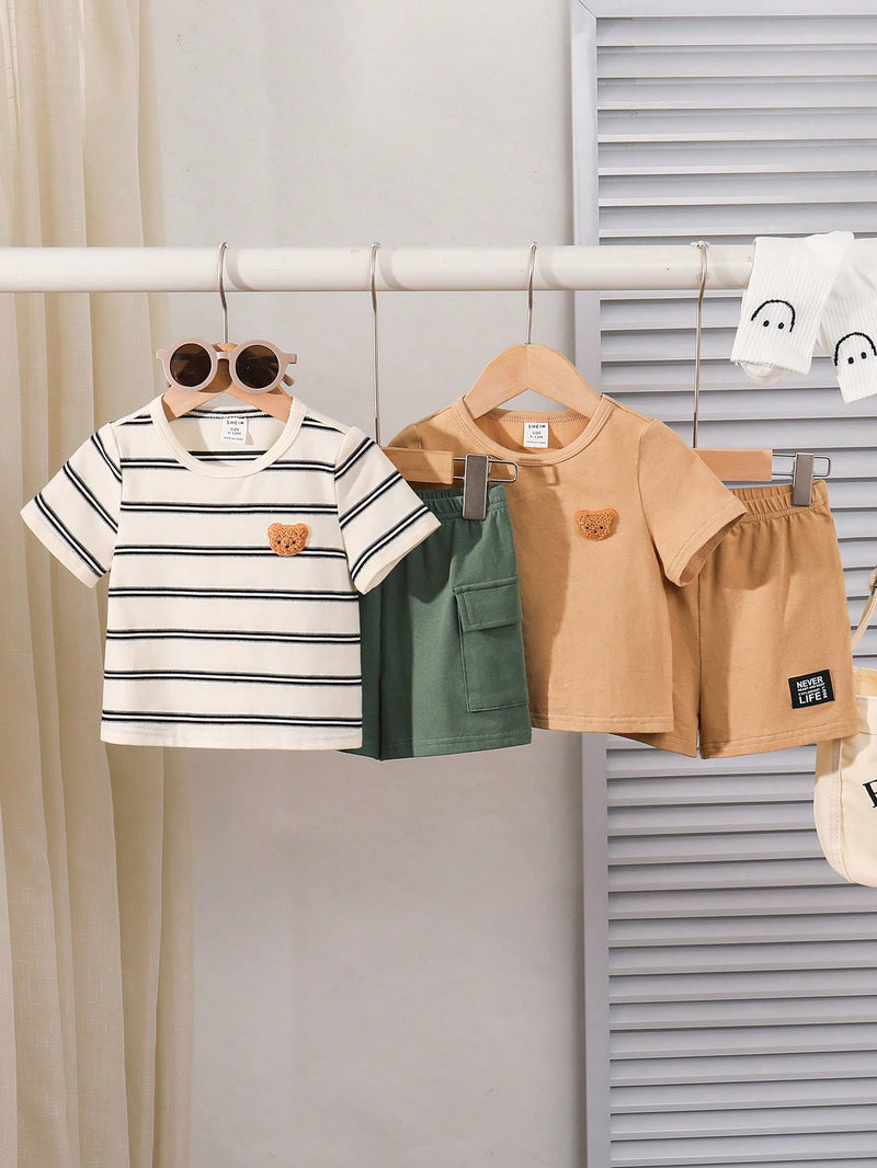 4 peças/conjunto de Verão Estilo Coreano Casual Fofo, Padrão de Desenho Animado Listrado Camiseta Manga Curta, Shorts de Elástico com Bolsos para Meninos e Meninas Bebês