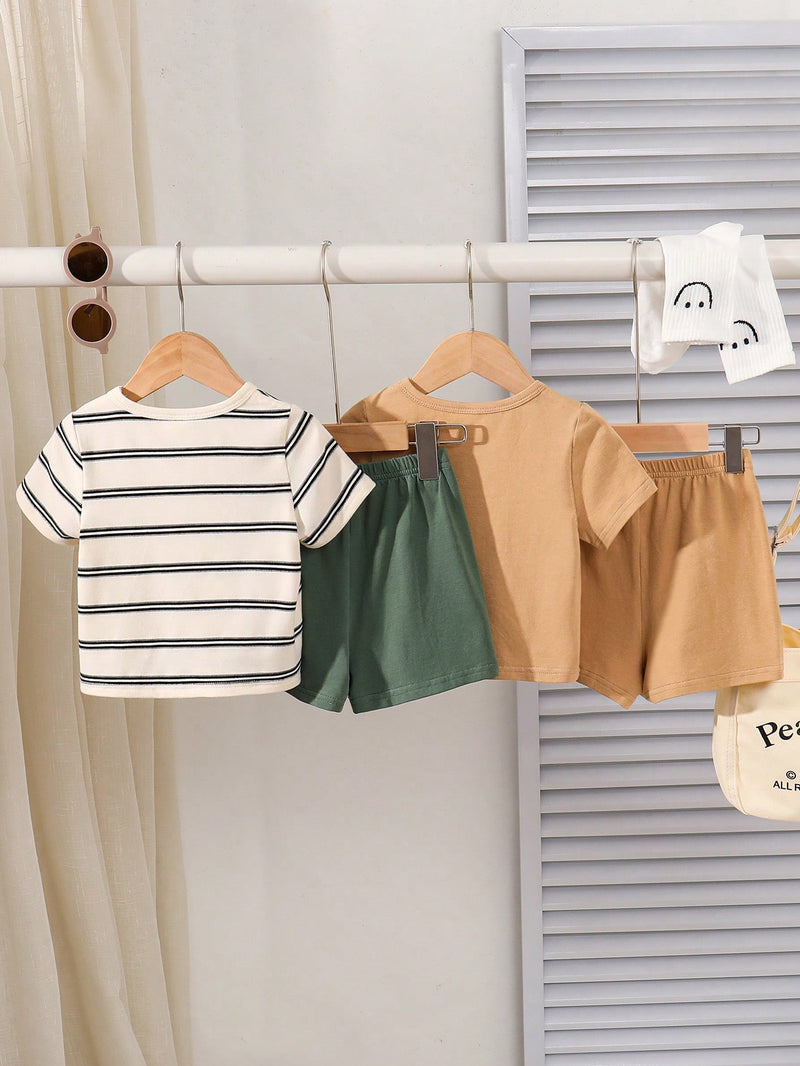 4 peças/conjunto de Verão Estilo Coreano Casual Fofo, Padrão de Desenho Animado Listrado Camiseta Manga Curta, Shorts de Elástico com Bolsos para Meninos e Meninas Bebês