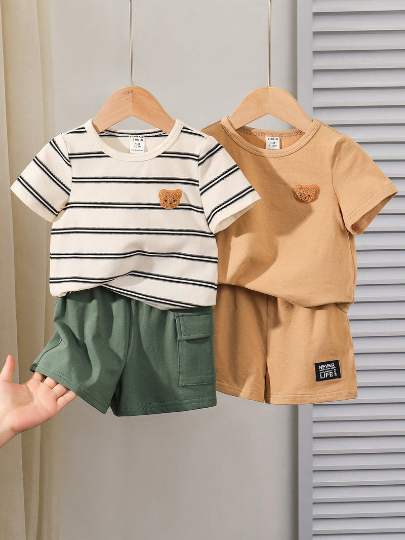4 peças/conjunto de Verão Estilo Coreano Casual Fofo, Padrão de Desenho Animado Listrado Camiseta Manga Curta, Shorts de Elástico com Bolsos para Meninos e Meninas Bebês