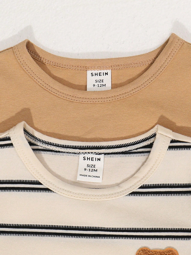 4 peças/conjunto de Verão Estilo Coreano Casual Fofo, Padrão de Desenho Animado Listrado Camiseta Manga Curta, Shorts de Elástico com Bolsos para Meninos e Meninas Bebês