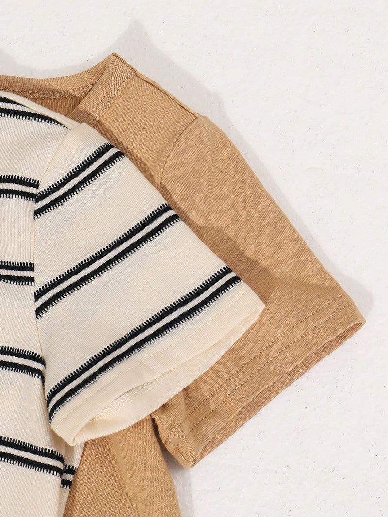 4 peças/conjunto de Verão Estilo Coreano Casual Fofo, Padrão de Desenho Animado Listrado Camiseta Manga Curta, Shorts de Elástico com Bolsos para Meninos e Meninas Bebês