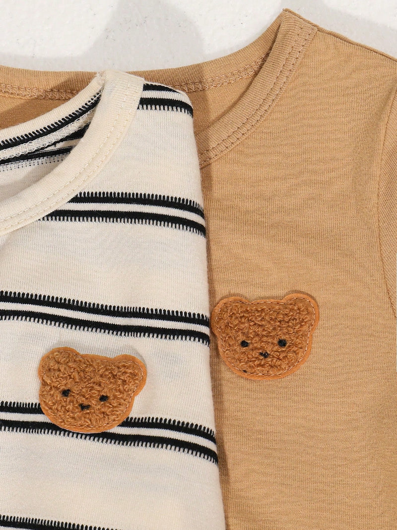 4 peças/conjunto de Verão Estilo Coreano Casual Fofo, Padrão de Desenho Animado Listrado Camiseta Manga Curta, Shorts de Elástico com Bolsos para Meninos e Meninas Bebês
