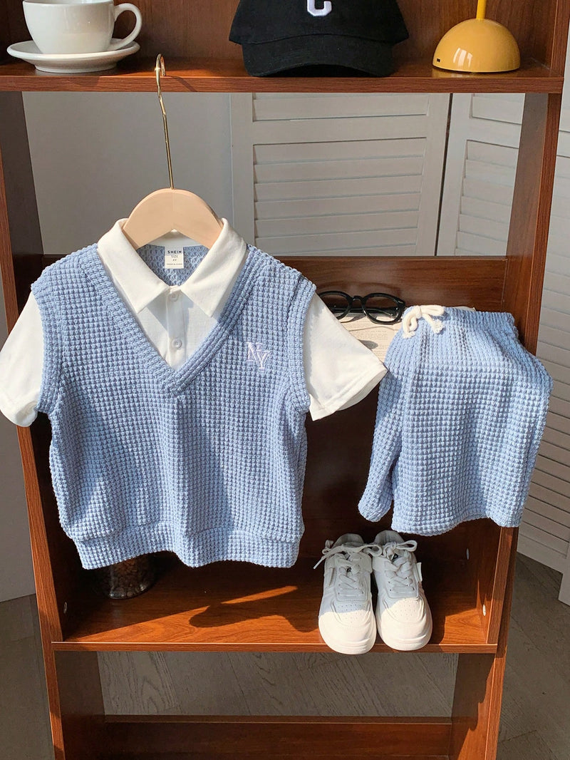 2 peças Conjunto de Camiseta Gráfica Simples e Shorts Casuais para Meninos, Tecido Macio e Confortável Tipo Waffle com Padrão de Letras, Adequado para Uso Diário, Escola, Viagem, Esportes, Primavera/Verão