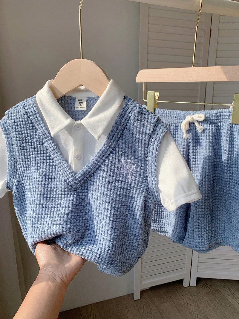 2 peças Conjunto de Camiseta Gráfica Simples e Shorts Casuais para Meninos, Tecido Macio e Confortável Tipo Waffle com Padrão de Letras, Adequado para Uso Diário, Escola, Viagem, Esportes, Primavera/Verão