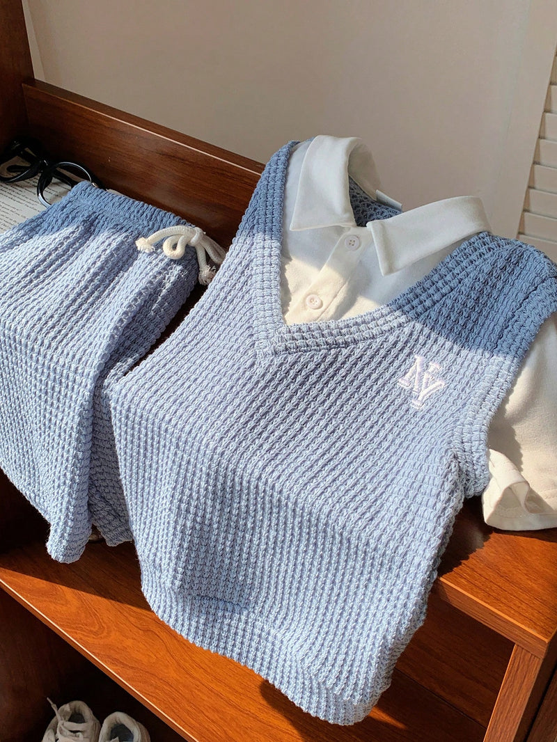 2 peças Conjunto de Camiseta Gráfica Simples e Shorts Casuais para Meninos, Tecido Macio e Confortável Tipo Waffle com Padrão de Letras, Adequado para Uso Diário, Escola, Viagem, Esportes, Primavera/Verão